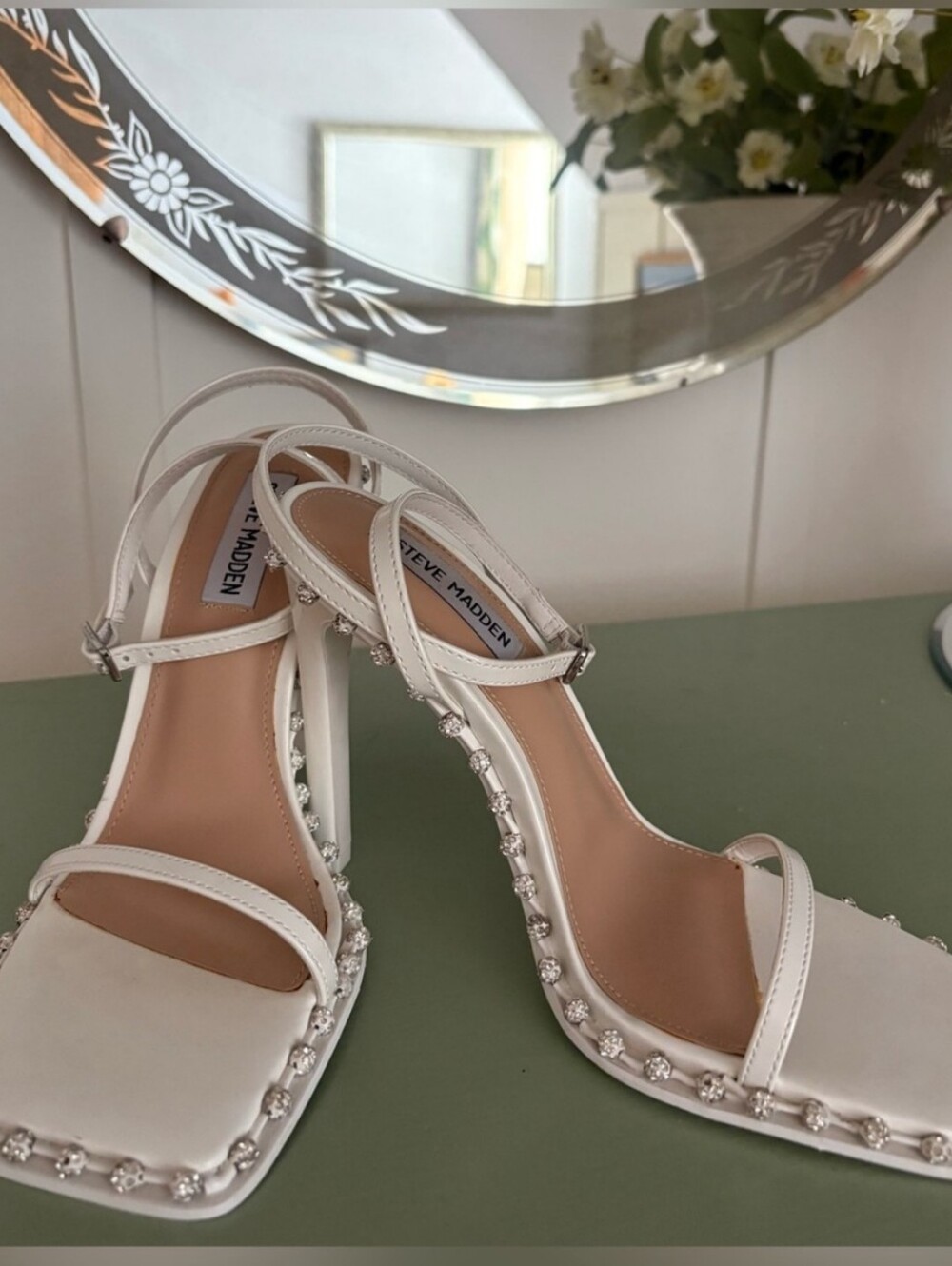 Steve Madden Zelle White Crystal-Trim Ankle-Strap 4.5 Inch Stiletto - Size 7.5